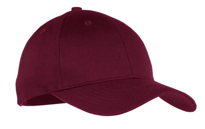 Front View of Maroon Port & Company Youth Six-Panel Twill Cap. YCP80