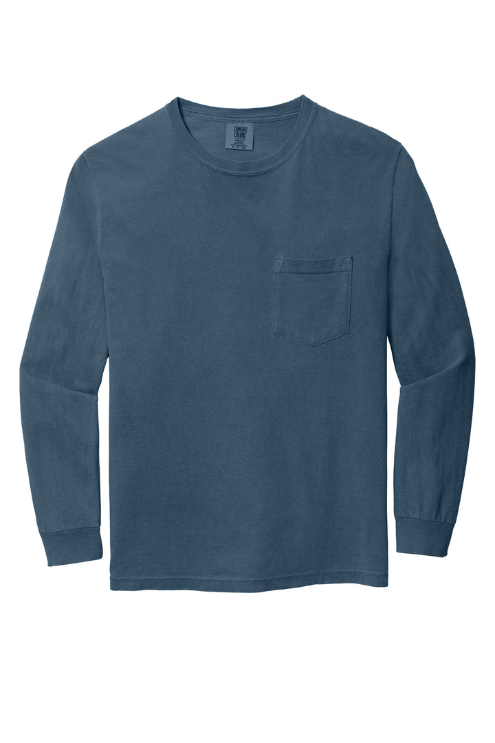 Front View of Midnight COMFORT COLORS Heavyweight Ring Spun Long Sleeve Pocket Tee. 4410