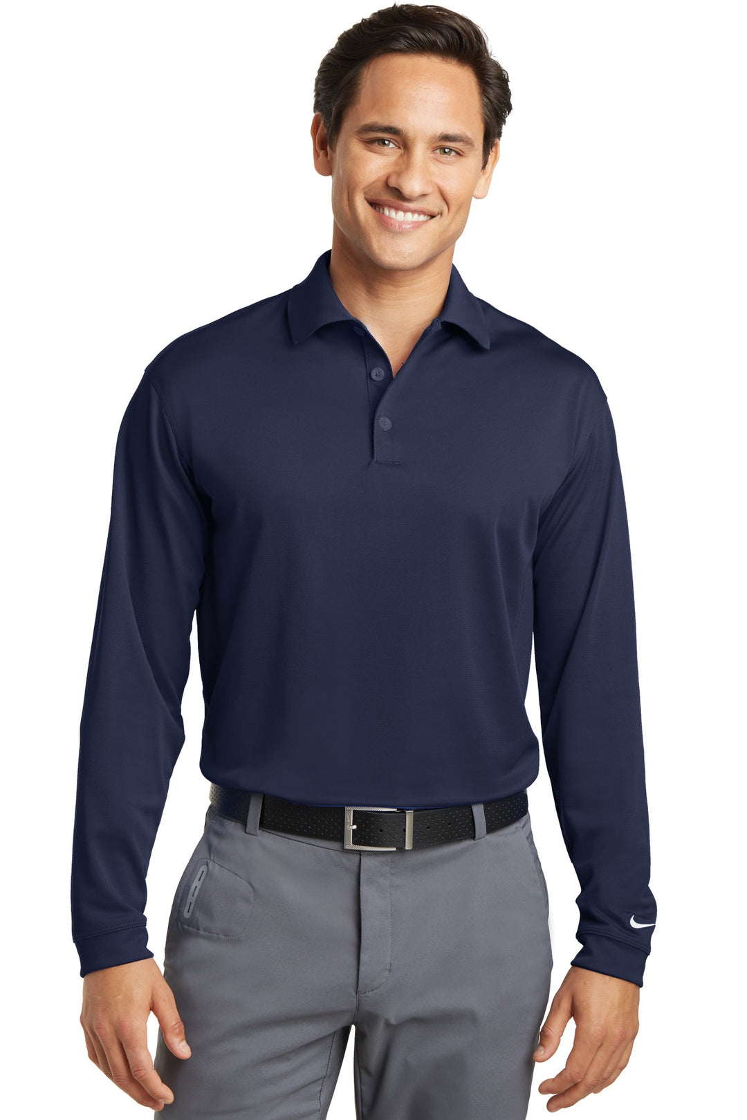 Front View of Midnight Navy Nike Tall Long Sleeve Dri-FIT Stretch Tech Polo. 604940