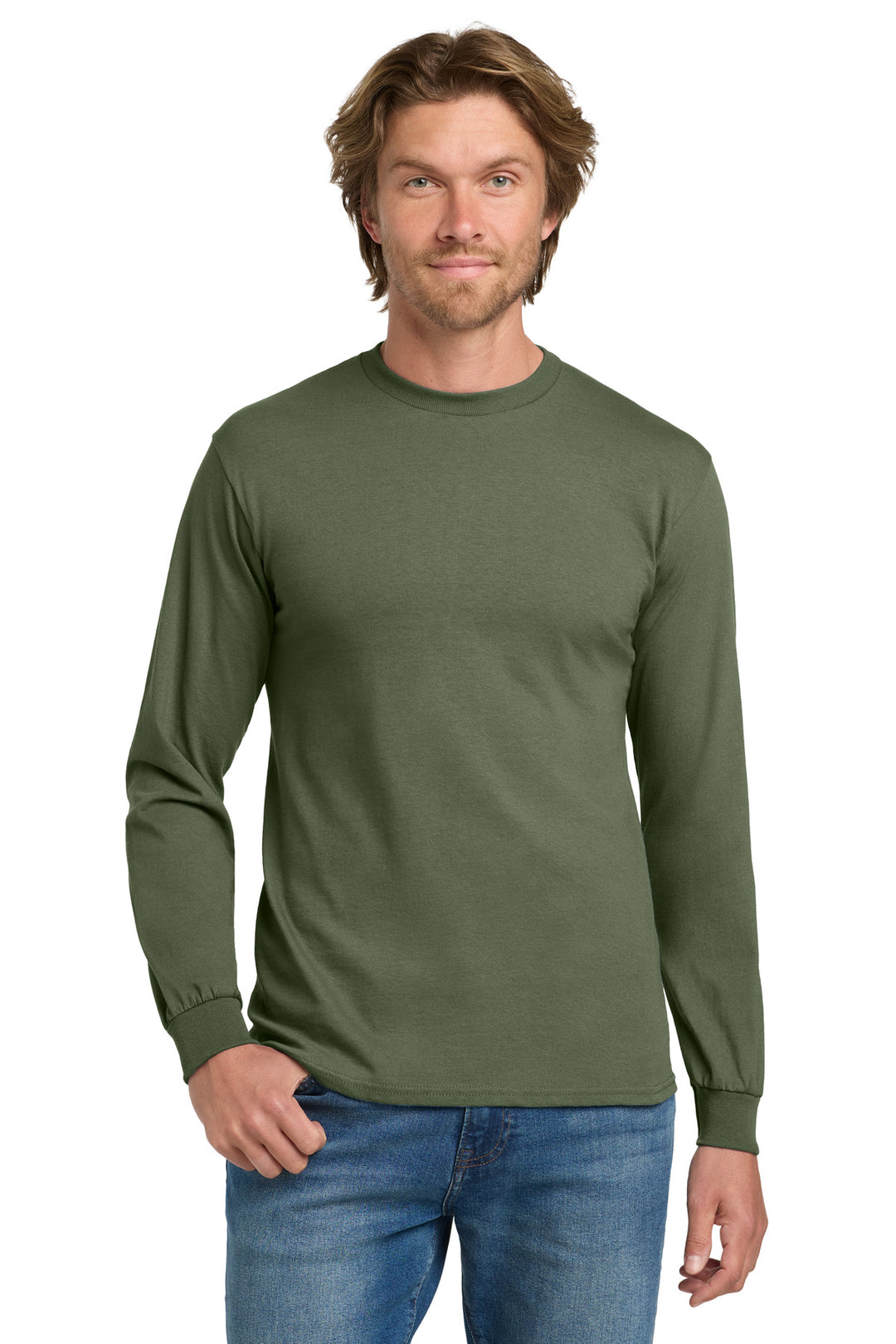 Front View of MilGreen Gildan - Heavy Cotton 100% Cotton Long Sleeve T-Shirt. 5400
