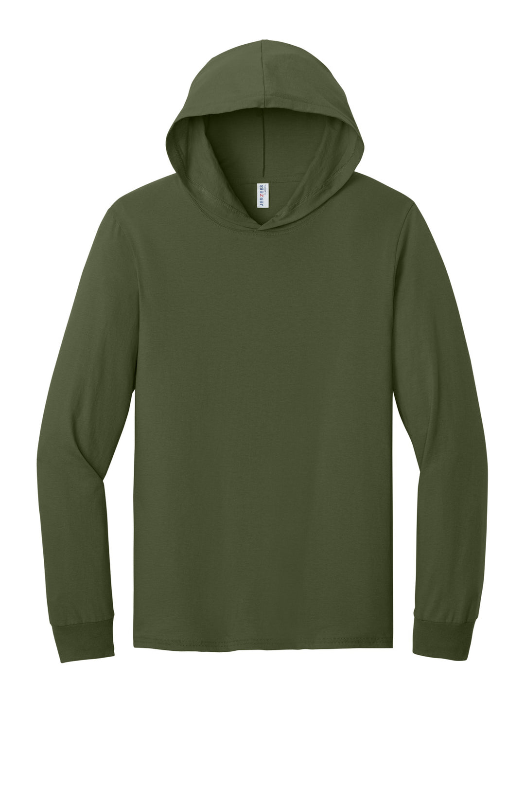 Front View of MilGreen Jerzees Classics Unisex Cotton Long Sleeve Hooded T-Shirt 363LH