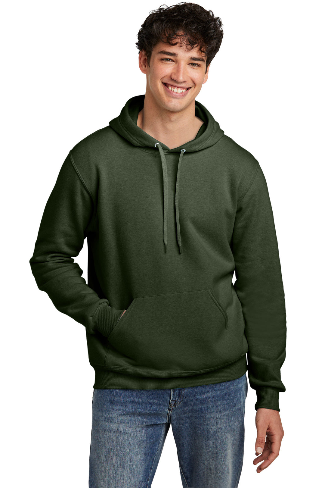 Front View of MilGrnHtr Jerzees Eco Premium Blend Pullover Hooded Sweatshirt 700M