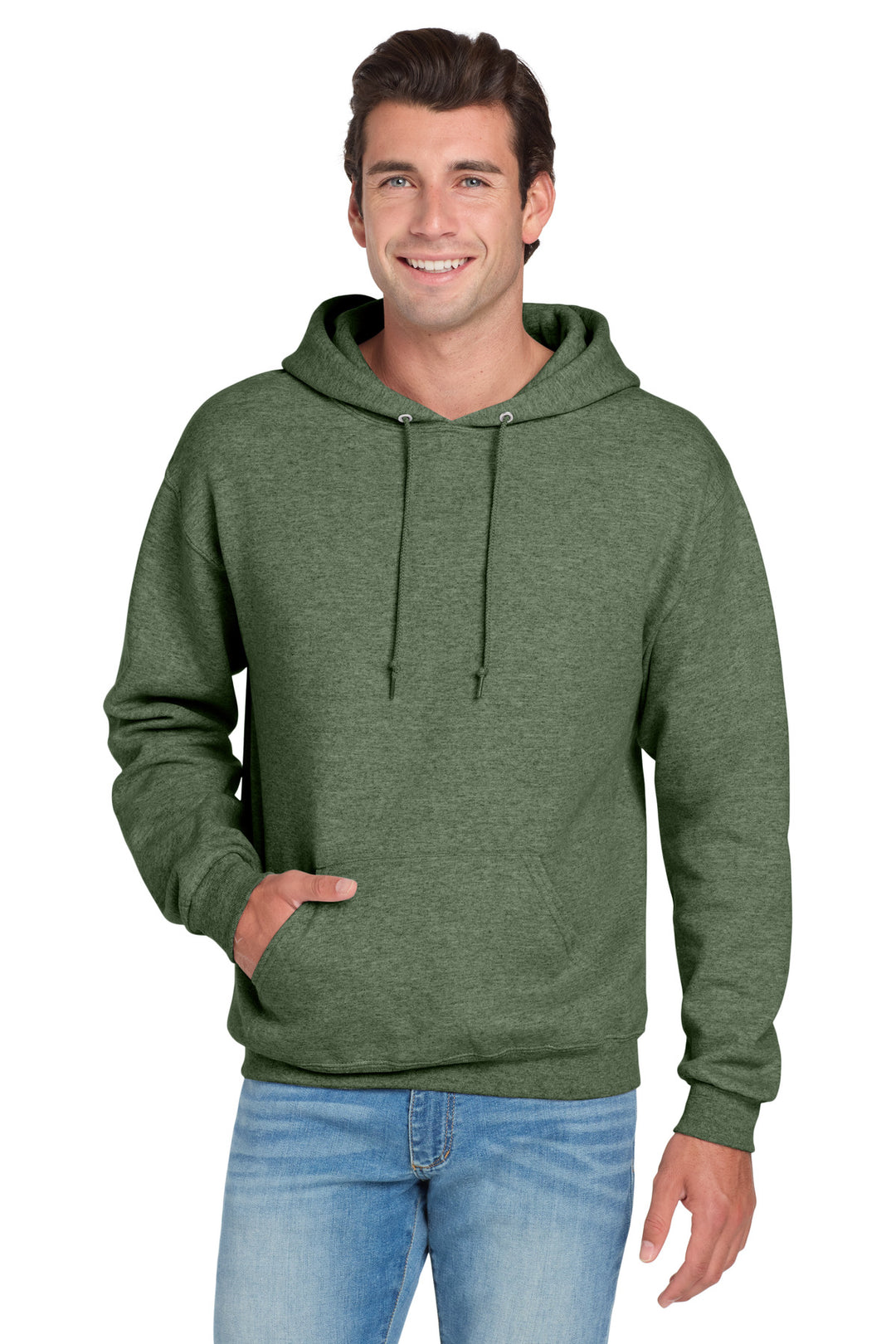 Front View of MilGrnHtr Jerzees NuBlend Pullover Hooded Sweatshirt. 996M
