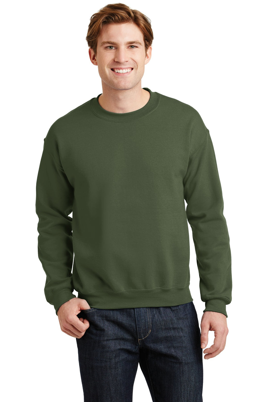 Front View of Military Green Gildan Heavy Blend Crewneck Sweatshirt. 18000