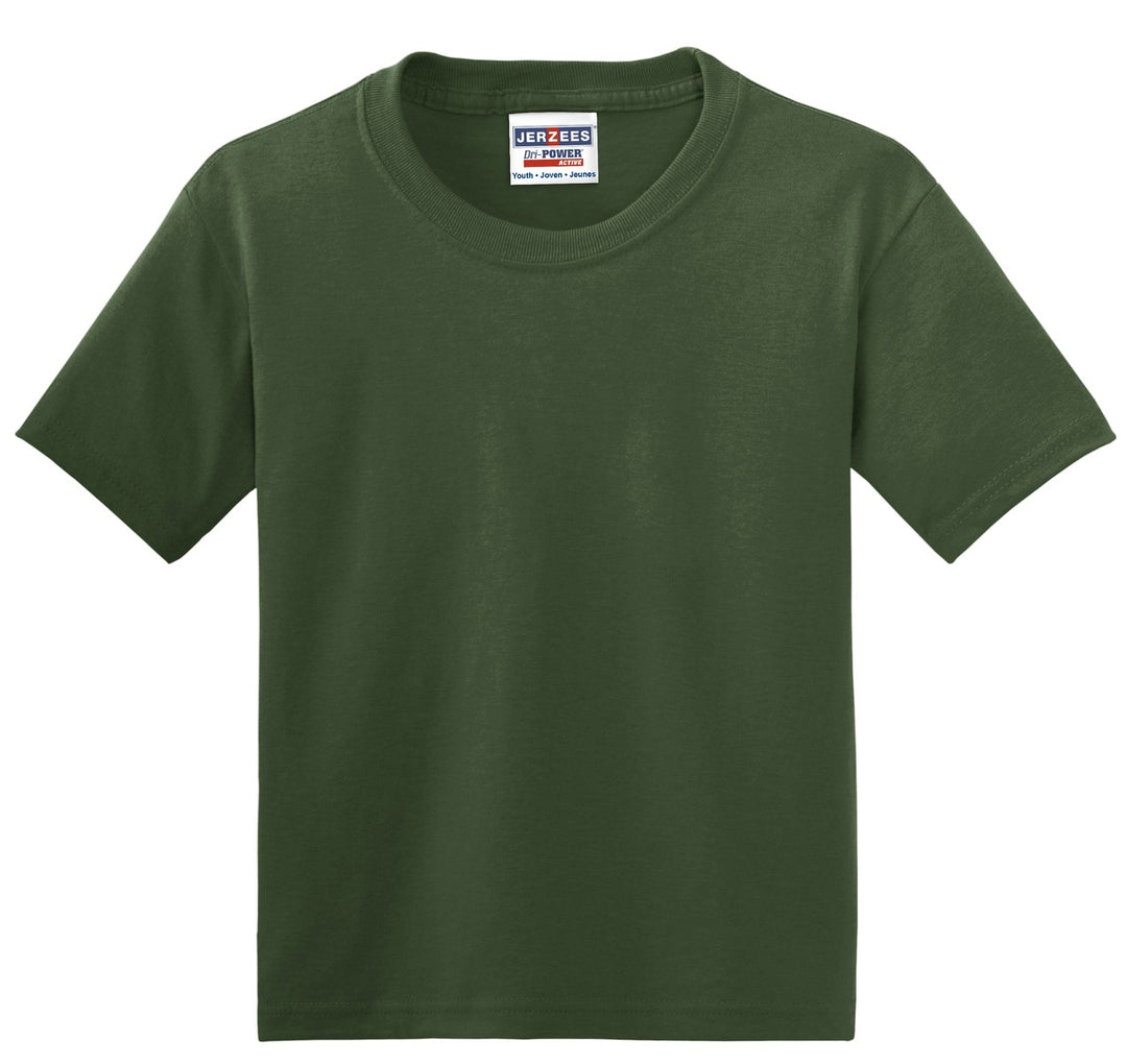 Front View of Military Green Jerzees - Youth Dri-Power 50/50 Cotton/Poly T-Shirt. 29B