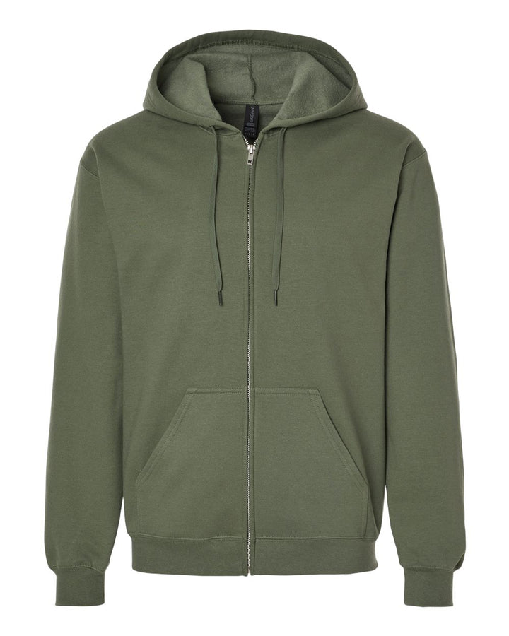 Front View of Military Green Softstyle® Full-Zip Hooded Sweatshirt - SF600