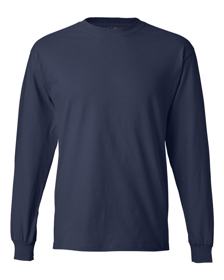 Front View of Navy Beefy-T® Long Sleeve T-Shirt - 5186