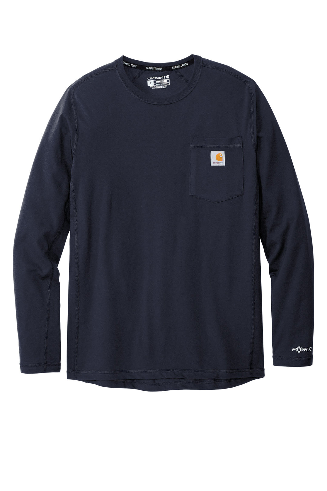 Front View of Navy Carhartt Force Long Sleeve Pocket T-Shirt CT106656