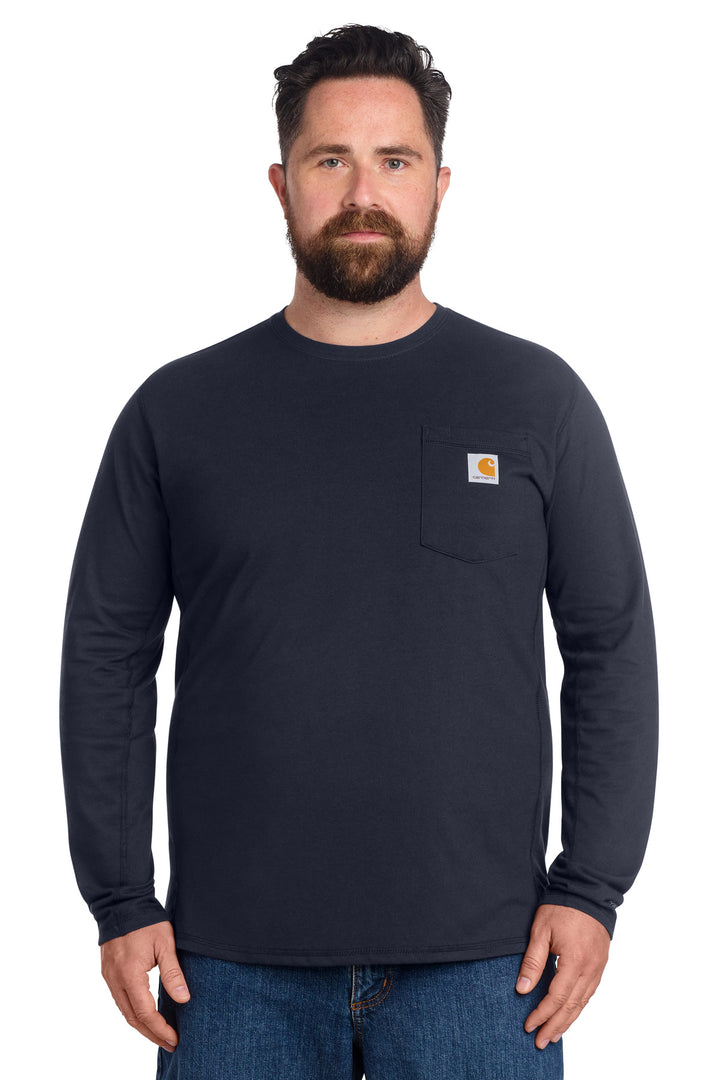 Front View of Navy Carhartt Force Long Sleeve Pocket T-Shirt CT106656