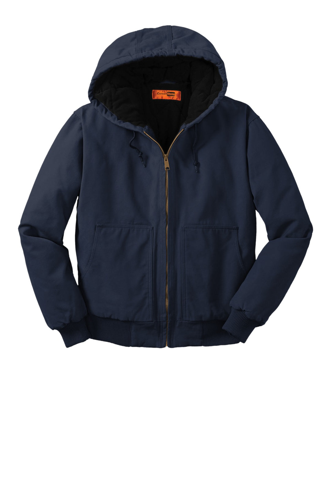 Front View of Navy CornerStone Washed Duck Cloth Insulated Hooded Work Jacket. CSJ41
