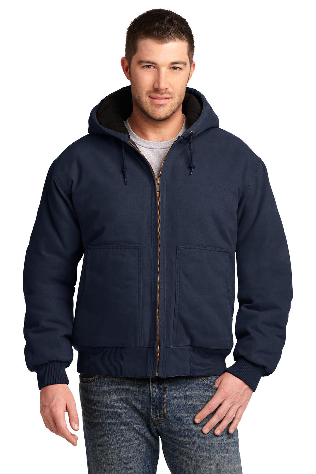 Front View of Navy CornerStone Washed Duck Cloth Insulated Hooded Work Jacket. CSJ41