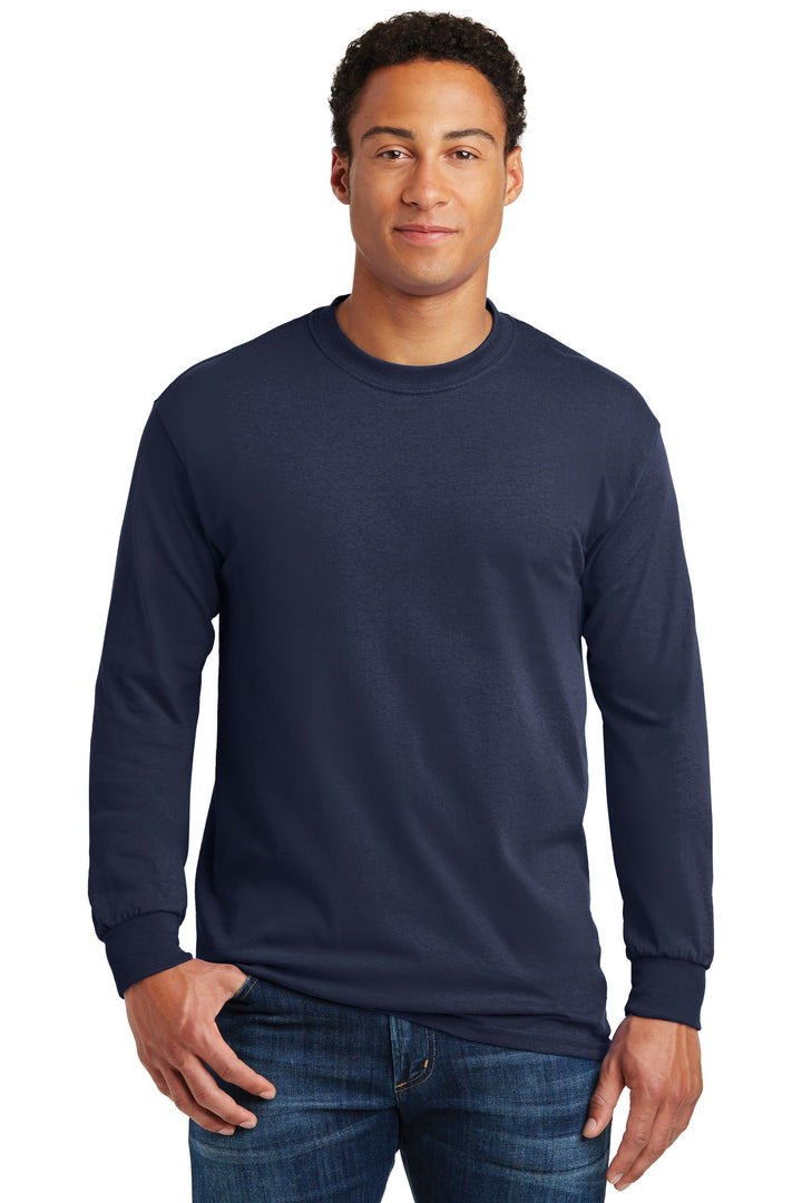 Front View of Navy Gildan - Heavy Cotton 100% Cotton Long Sleeve T-Shirt. 5400
