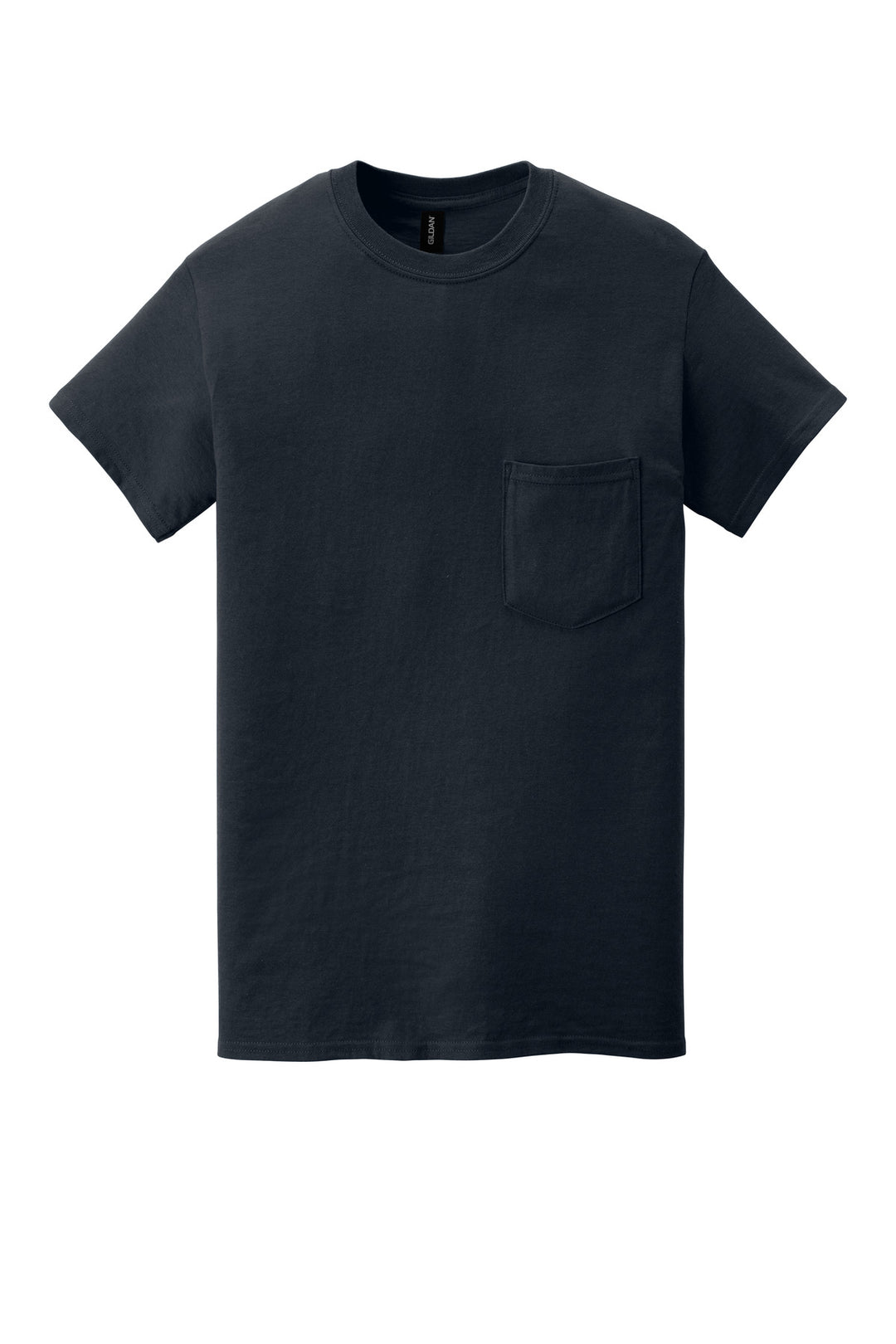 Front View of Navy Gildan Heavy Cotton 100% Cotton Pocket T-Shirt. 5300