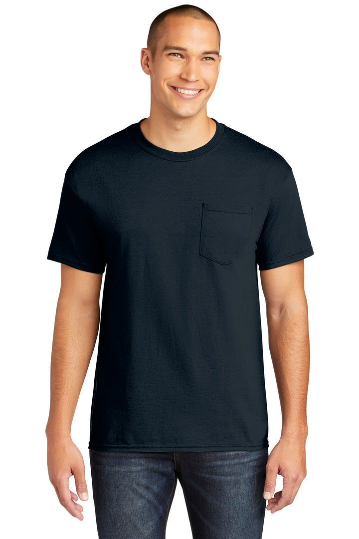 Front View of Navy Gildan Heavy Cotton 100% Cotton Pocket T-Shirt. 5300