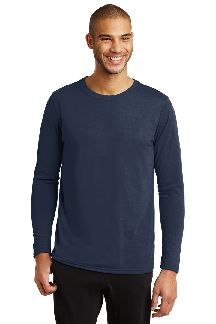 Front View of Navy Gildan Performance Long Sleeve T-Shirt. 42400