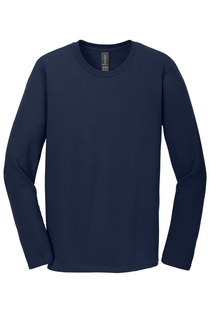 Front View of Navy Gildan Softstyle Long Sleeve T-Shirt. 64400