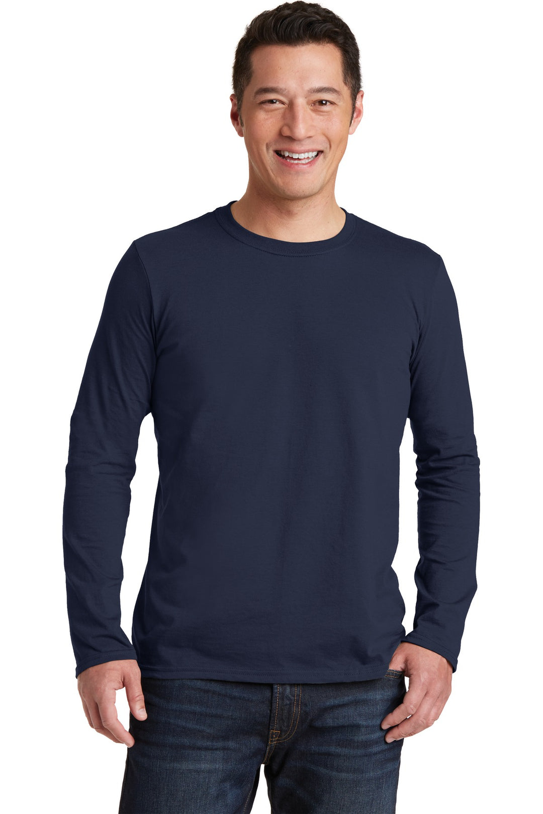 Front View of Navy Gildan Softstyle Long Sleeve T-Shirt. 64400