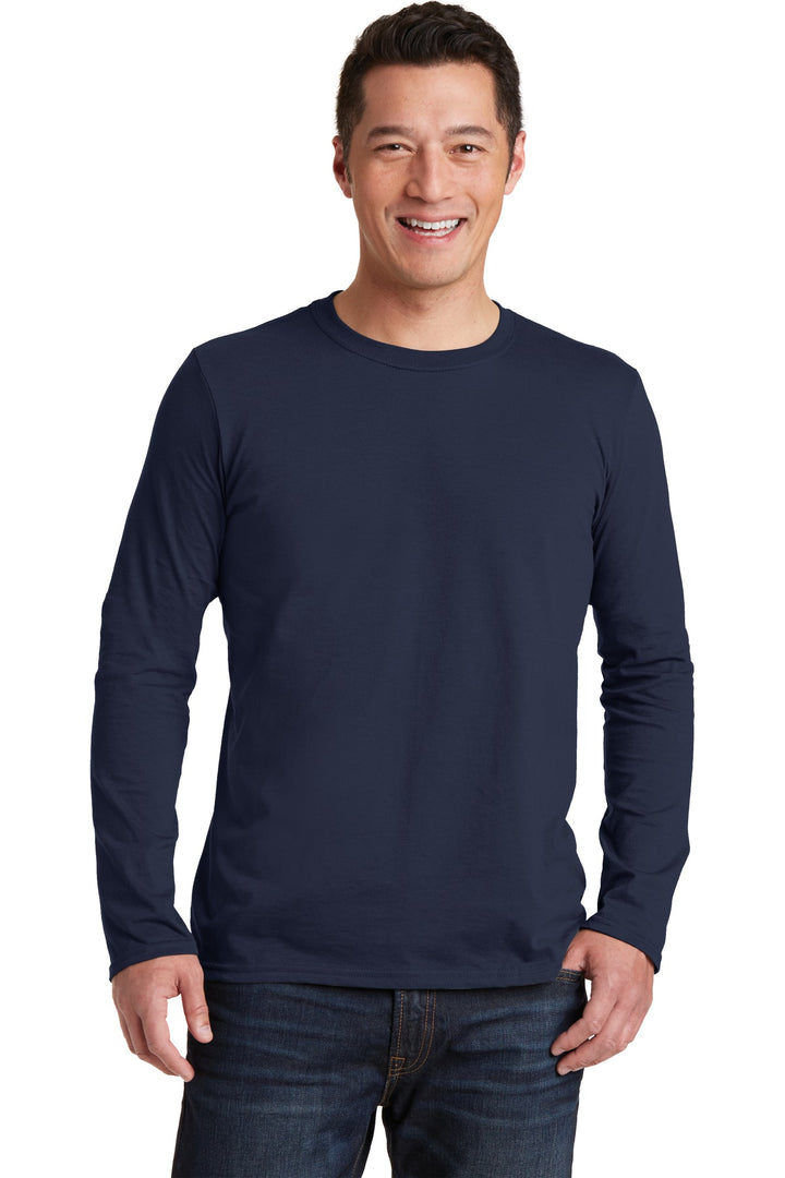 Front View of Navy Gildan Softstyle Long Sleeve T-Shirt. 64400