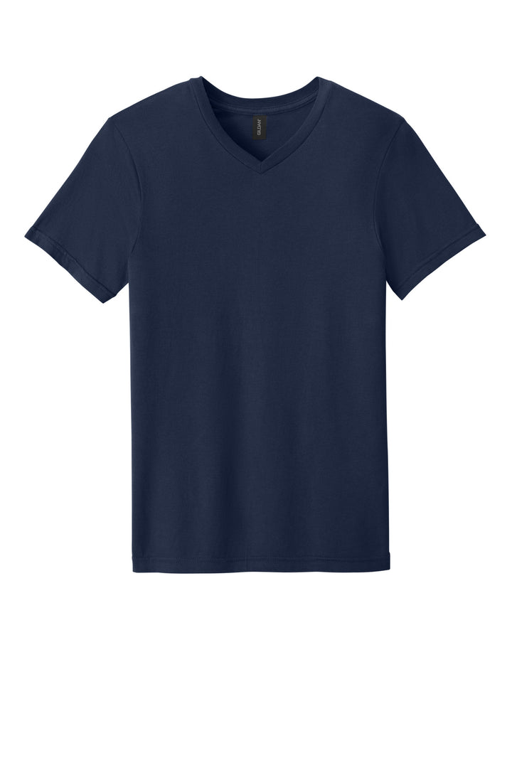 Front View of Navy Gildan Softstyle V-Neck T-Shirt. 64V00