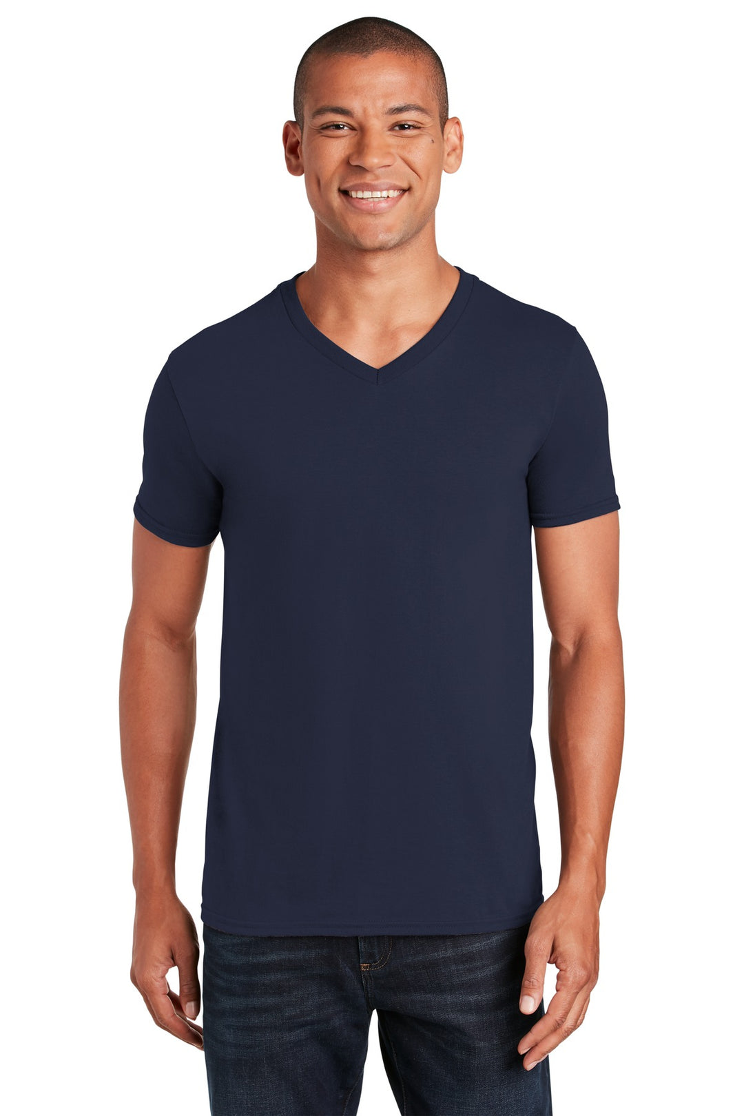 Front View of Navy Gildan Softstyle V-Neck T-Shirt. 64V00