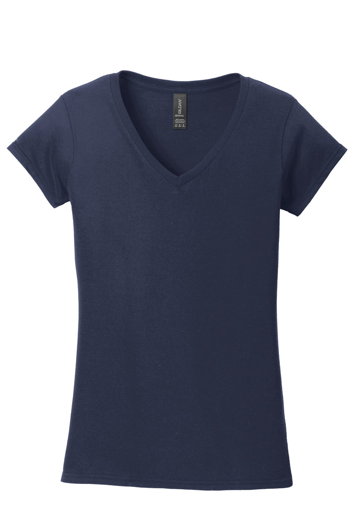 Front View of Navy Gildan Softstyle Women's Fit V-Neck T-Shirt. 64V00L