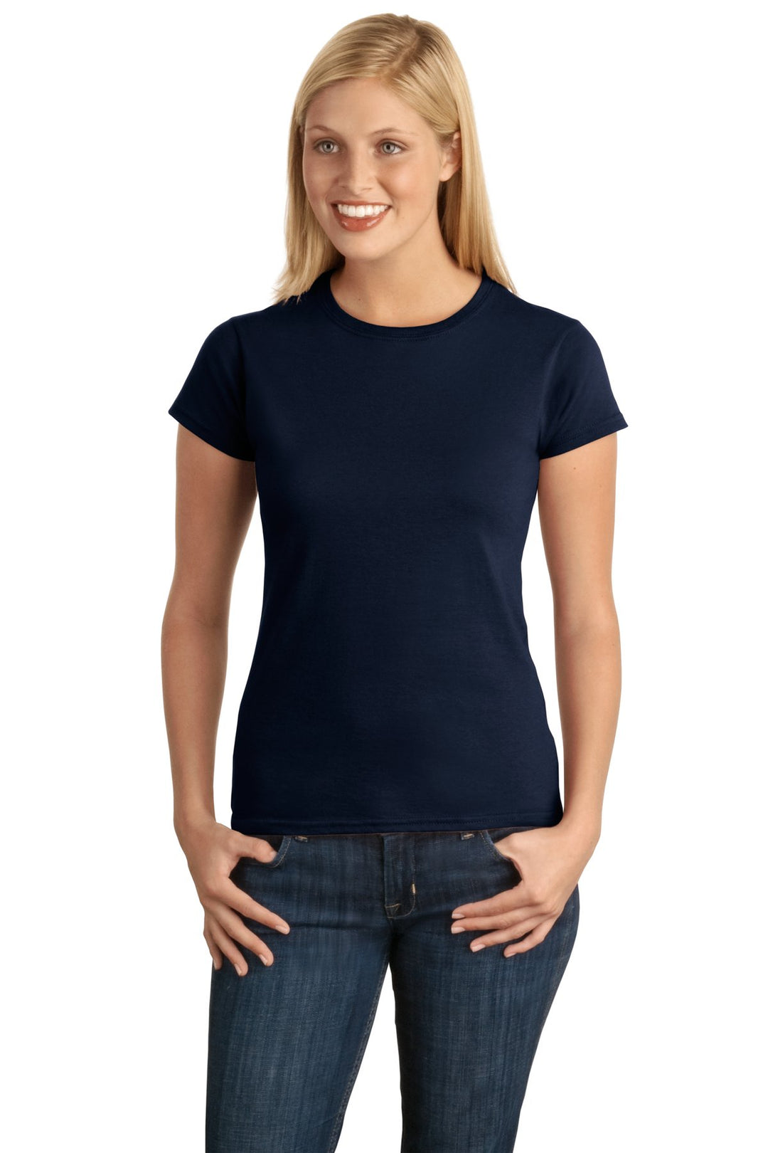 Front View of Navy Gildan Softstyle Women's T-Shirt. 64000L