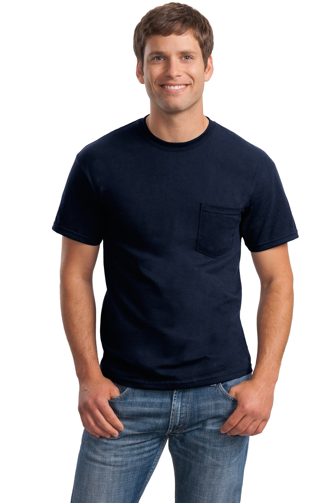 Front View of Navy Gildan - Ultra Cotton 100% US Cotton T-Shirt with Pocket. 2300