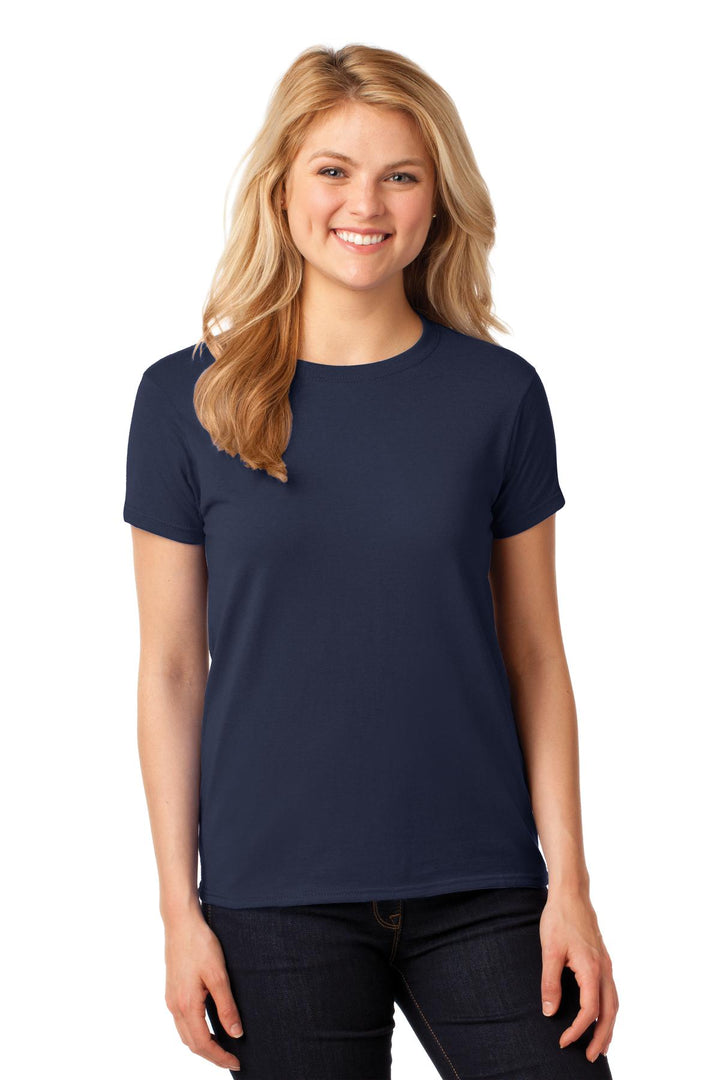 Front View of Navy Gildan Women's Heavy Cotton 100% Cotton T-Shirt. 5000L