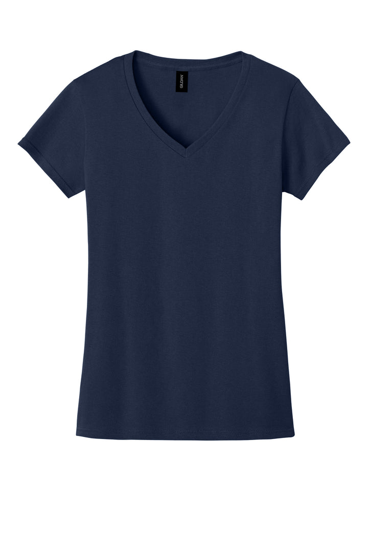 Front View of Navy Gildan Women's Heavy Cotton 100% Cotton V-Neck T-Shirt. 5V00L