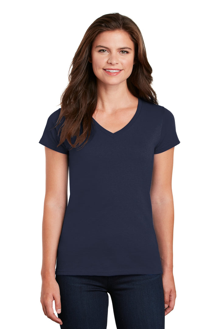 Front View of Navy Gildan Women's Heavy Cotton 100% Cotton V-Neck T-Shirt. 5V00L