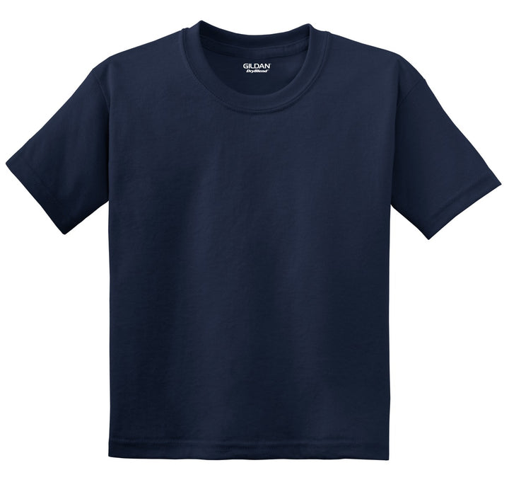 Front View of Navy Gildan Youth DryBlend 50 Cotton/50 Poly T-Shirt. 8000B