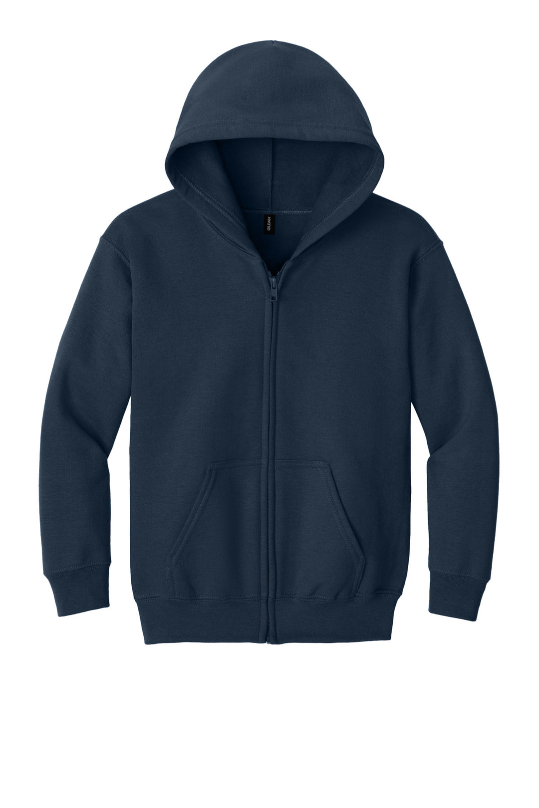 Front View of Navy Gildan Youth Heavy Blend Full-Zip Hooded Sweatshirt. 18600B
