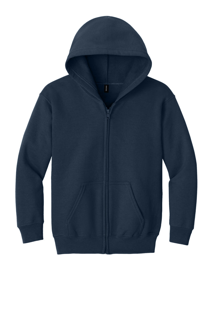 Front View of Navy Gildan Youth Heavy Blend Full-Zip Hooded Sweatshirt. 18600B