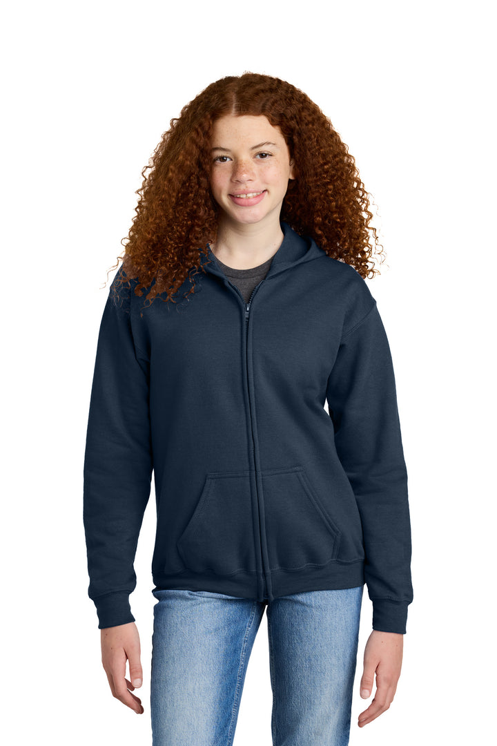 Front View of Navy Gildan Youth Heavy Blend Full-Zip Hooded Sweatshirt. 18600B