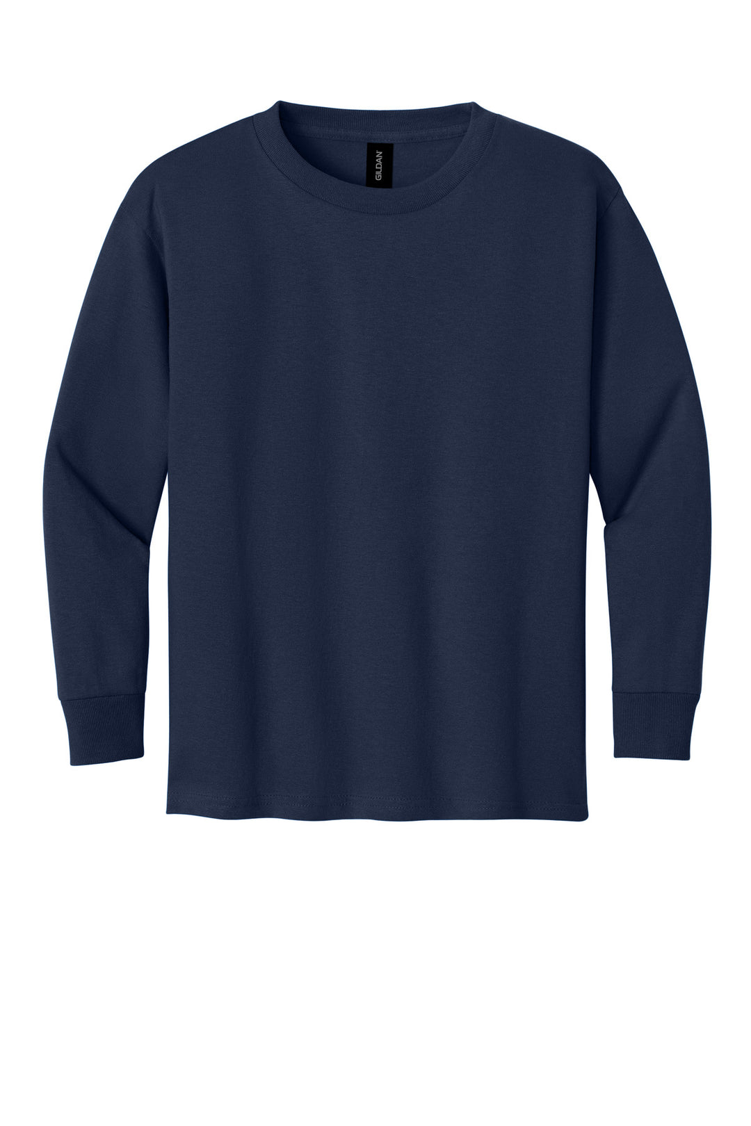 Front View of Navy Gildan Youth Heavy Cotton 100% Cotton Long Sleeve T-Shirt. 5400B