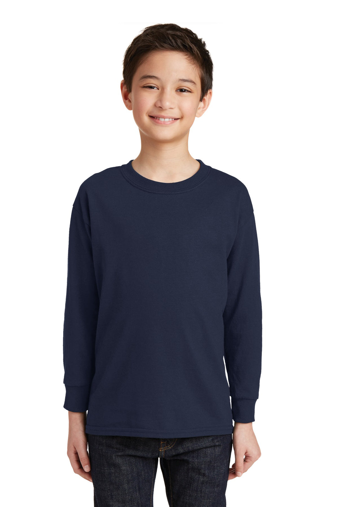 Front View of Navy Gildan Youth Heavy Cotton 100% Cotton Long Sleeve T-Shirt. 5400B