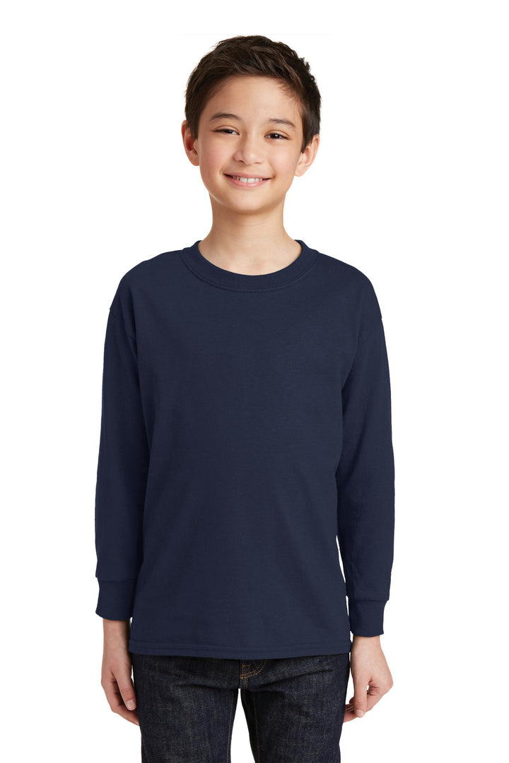 Front View of Navy Gildan Youth Heavy Cotton 100% Cotton Long Sleeve T-Shirt. 5400B