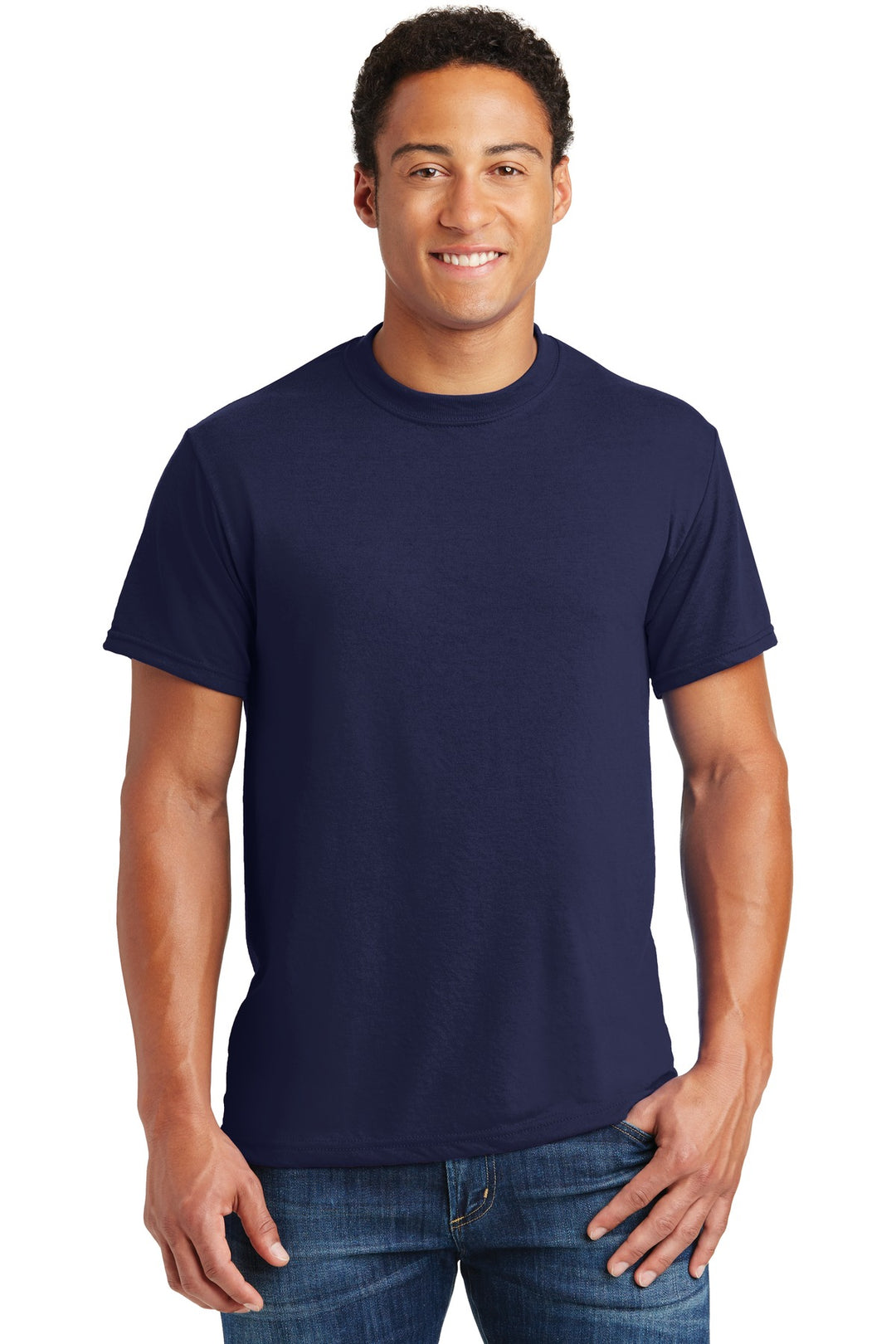 Front View of Navy Jerzees Dri-Power 100% Polyester T-Shirt. 21M