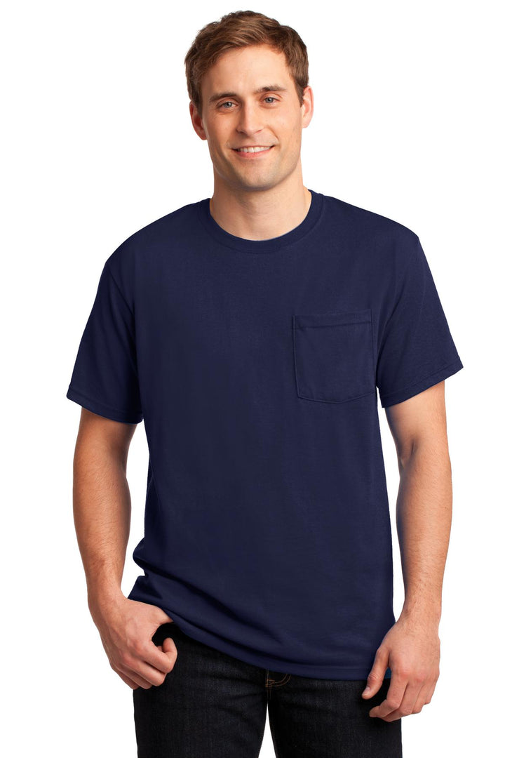 Front View of Navy Jerzees - Dri-Power 50/50 Cotton/Poly Pocket T-Shirt. 29MP