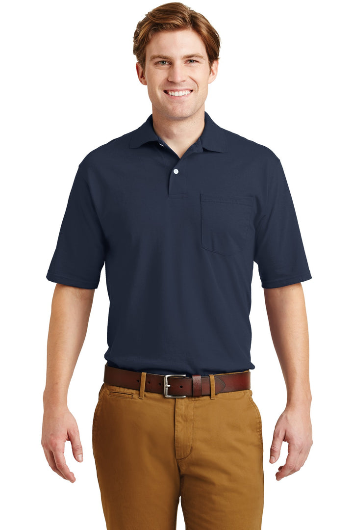 Front View of Navy Jerzees Dri-Power Pocket Sport Shirt. 436MP