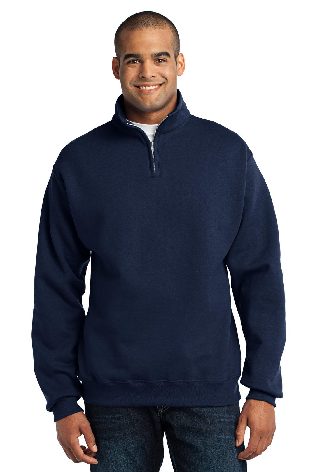 Front View of Navy Jerzees - NuBlend 1/4-Zip Cadet Collar Sweatshirt. 995M