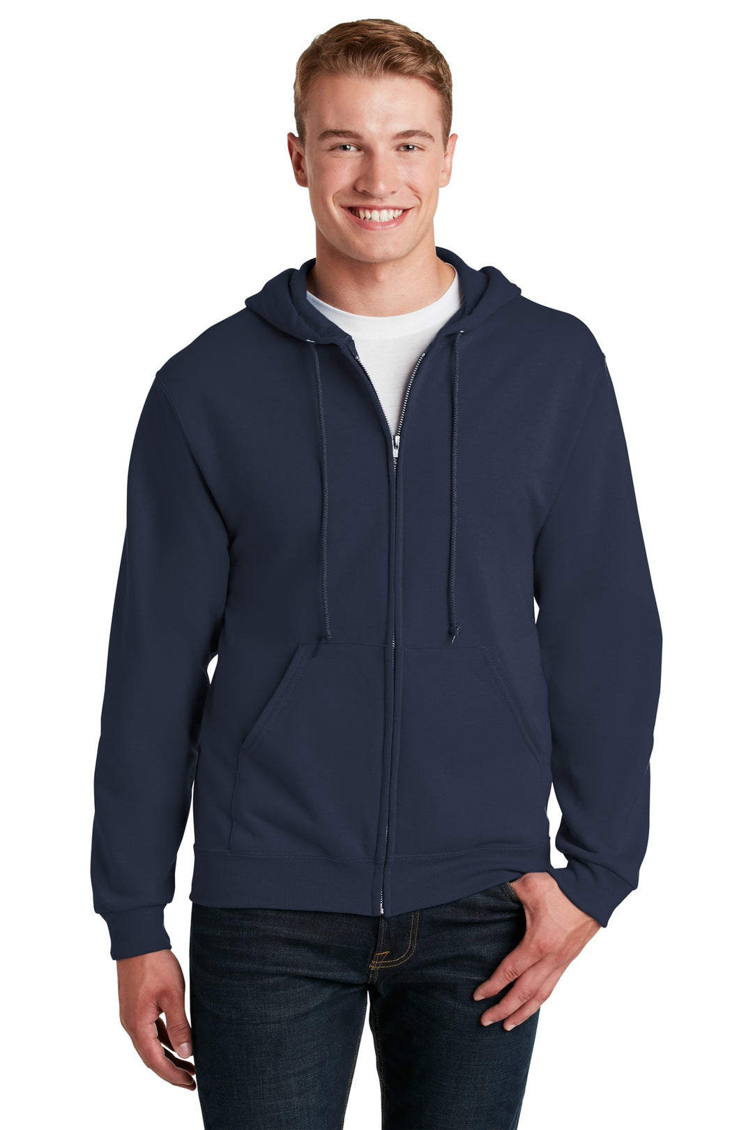 Front View of Navy Jerzees - NuBlend Full-Zip Hooded Sweatshirt. 993M