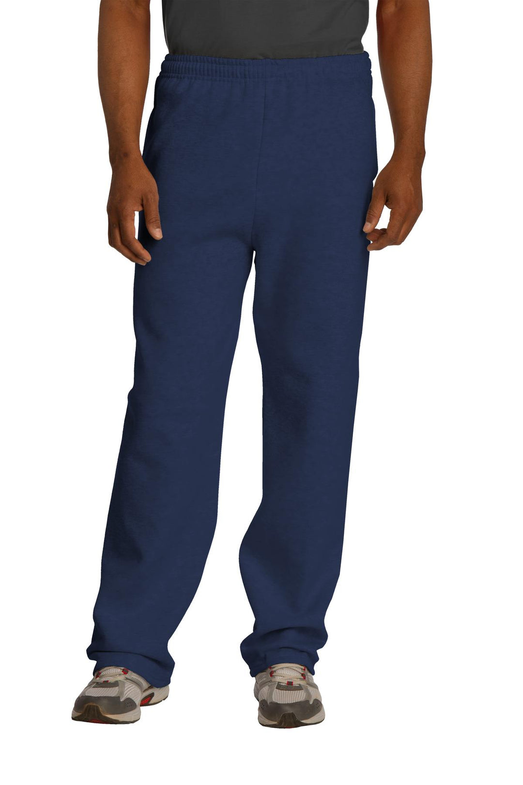 Front View of Navy Jerzees NuBlend Open Bottom Pant with Pockets. 974MP