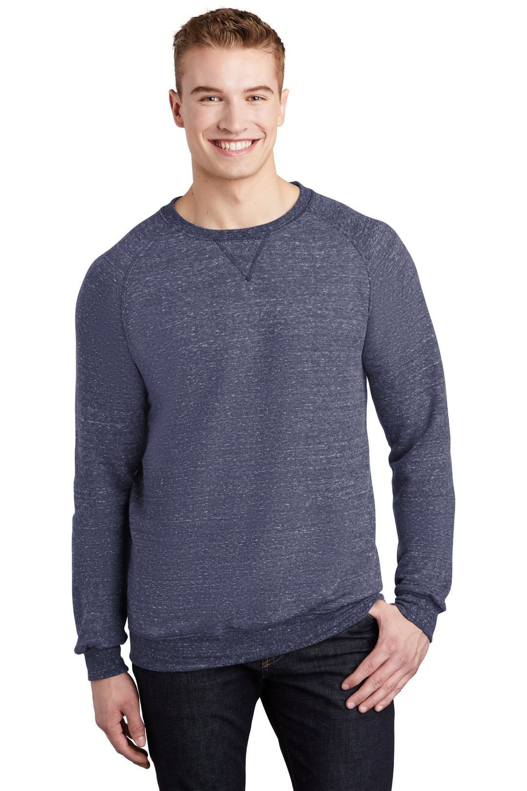 Front View of Navy Jerzees Snow Heather French Terry Raglan Crew 91M