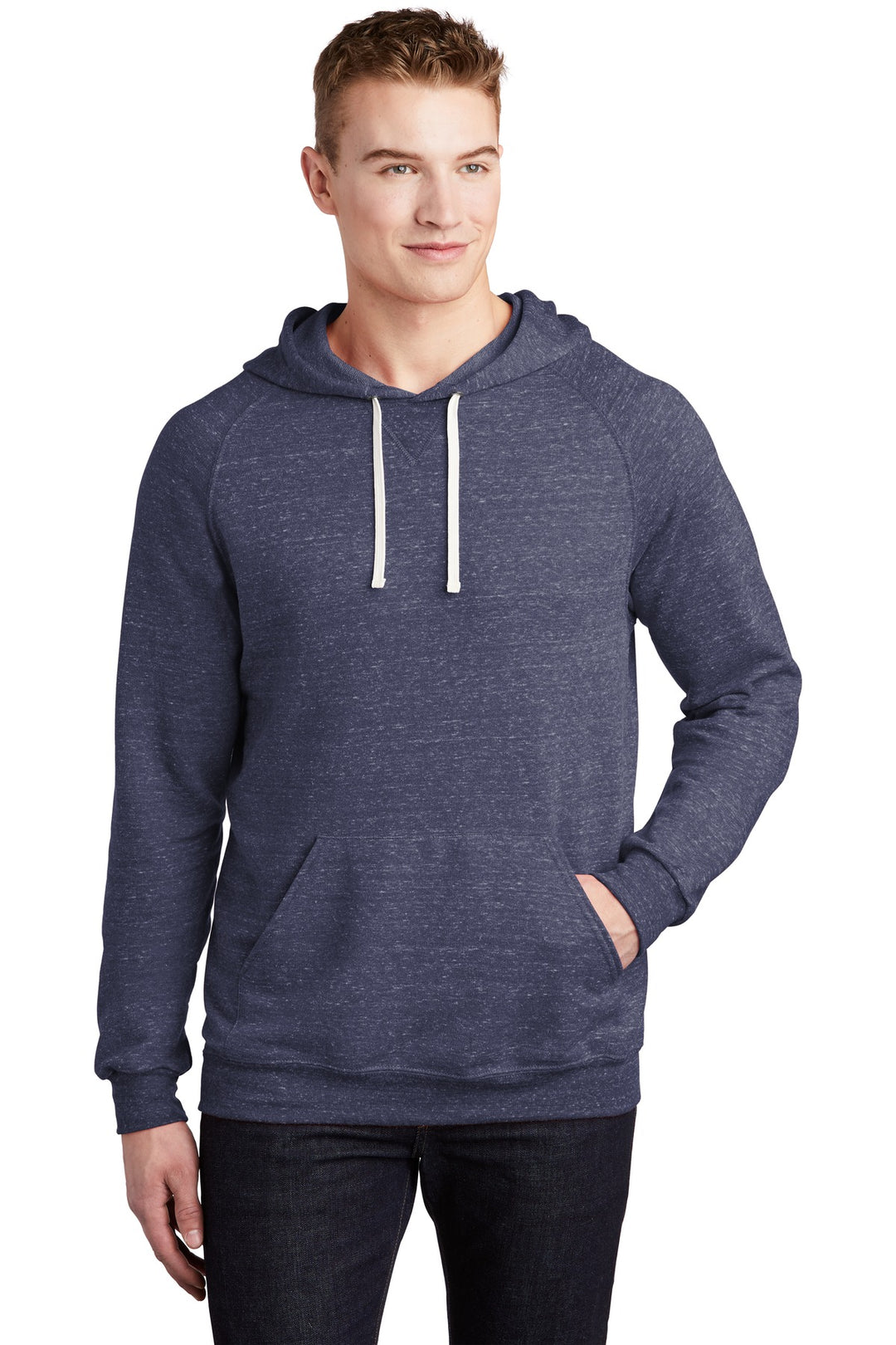 Front View of Navy Jerzees Snow Heather French Terry Raglan Hoodie 90M