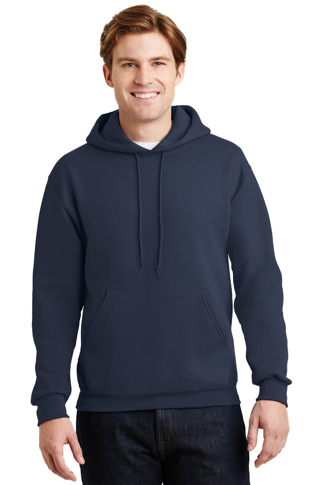 Front View of Navy Jerzees Super Sweats NuBlend - Pullover Hooded Sweatshirt. 4997M