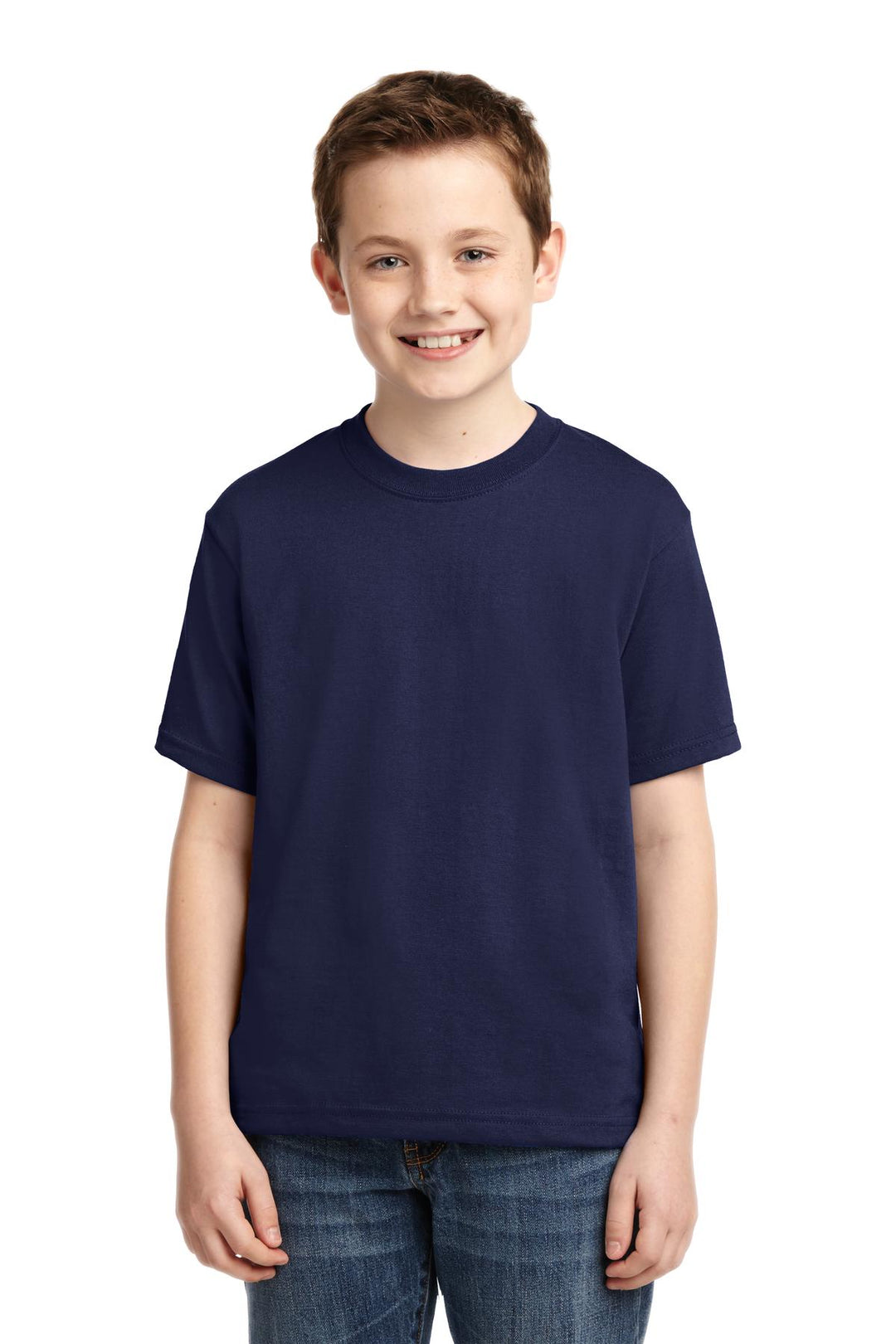 Front View of Navy Jerzees - Youth Dri-Power 50/50 Cotton/Poly T-Shirt. 29B