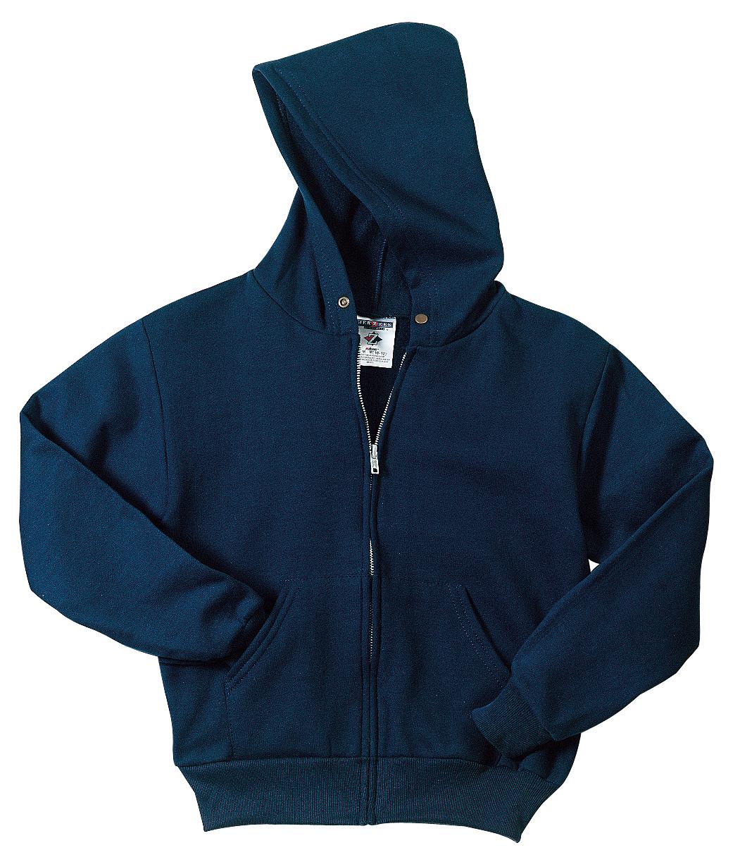 Front View of Navy Jerzees - Youth NuBlend Full-Zip Hooded Sweatshirt. 993B