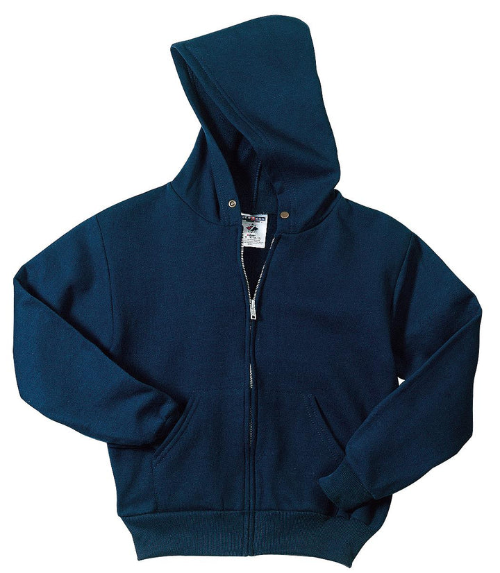 Front View of Navy Jerzees - Youth NuBlend Full-Zip Hooded Sweatshirt. 993B