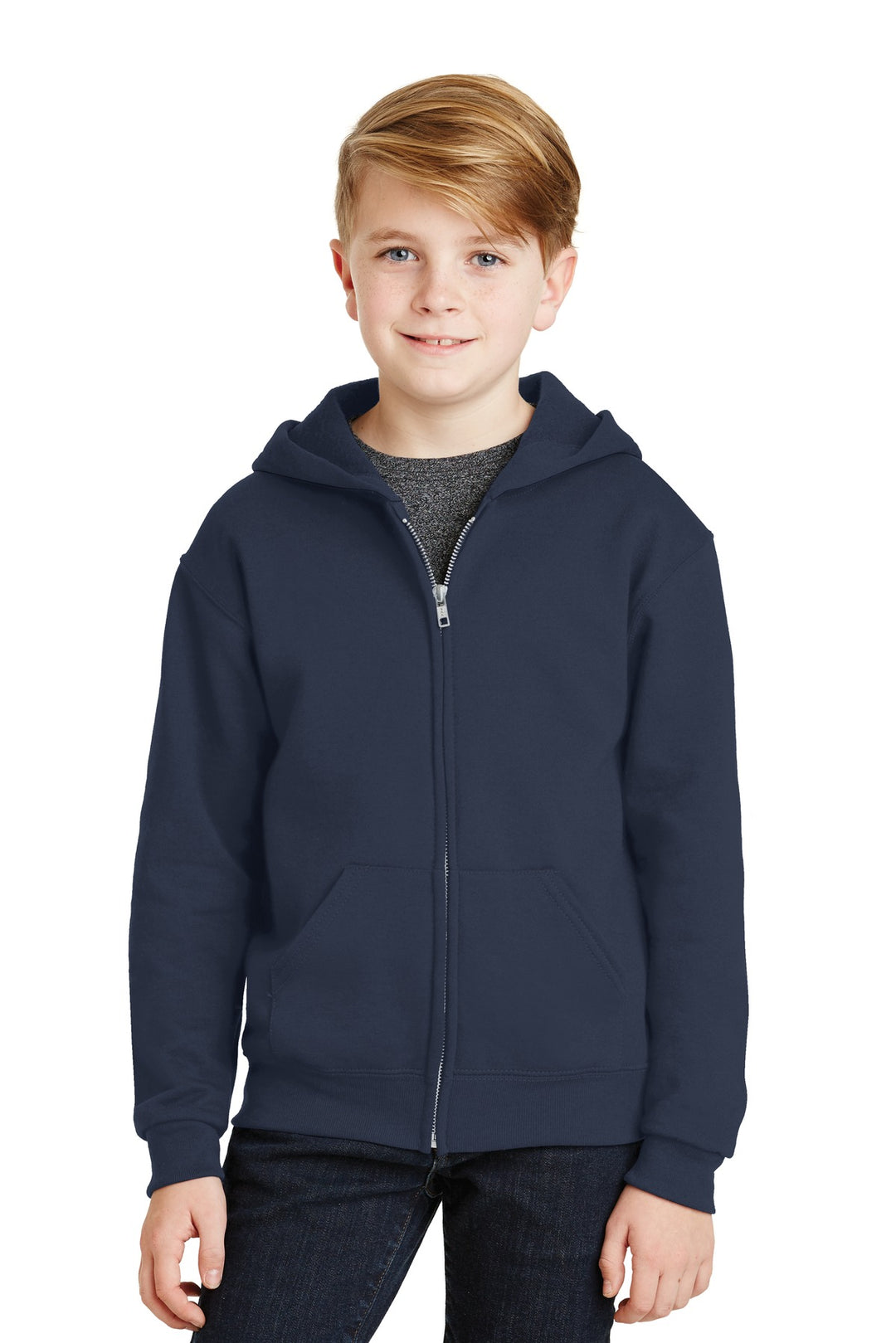 Front View of Navy Jerzees - Youth NuBlend Full-Zip Hooded Sweatshirt. 993B